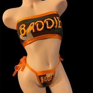 Baddie Camouflage & Orange Bandeau Top w/ matching Tie-Sides Thong Bikini